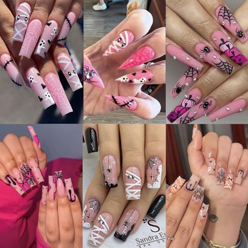 ONPRESS 6-Sheet Pink Halloween Nail Stickers 3D Self-Adhesive Spider Web Pumpkins Decals