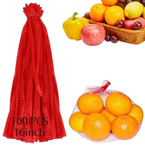 100Pcs Reusable Mesh Produce Bags, 16 Inch Stretchable Netting - Red