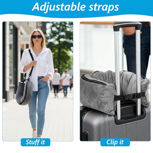 Gray Stuffable Travel Neck Pillow - Adjustable Velvet Cushion