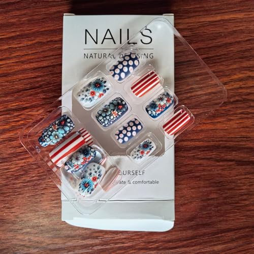 Independence Day Press on Nails Medium Square 4th of July Fake Nails 24 Pcs