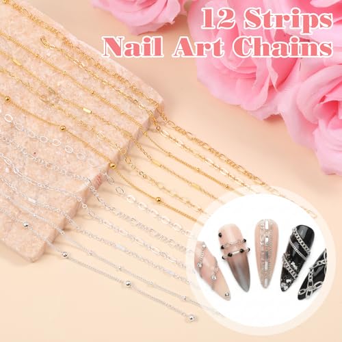 Bruislard 24-Piece Nail Art Chains and Beads Set - Gold and Silver Manicure Accessories