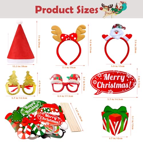 Christmas Photo Booth Props Kit 52 Pcs with Glitter Glasses Hats Signs - Holiday Party Decorations