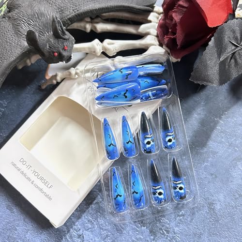 Halloween Press on Nails Long Almond Blue Skull Bat Acrylic False Nails