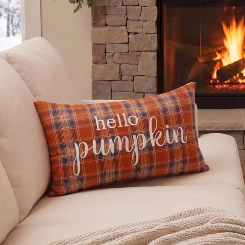 12x20 Orange Tartan Fall Pillow Cover with Hello Pumpkin Embroidery