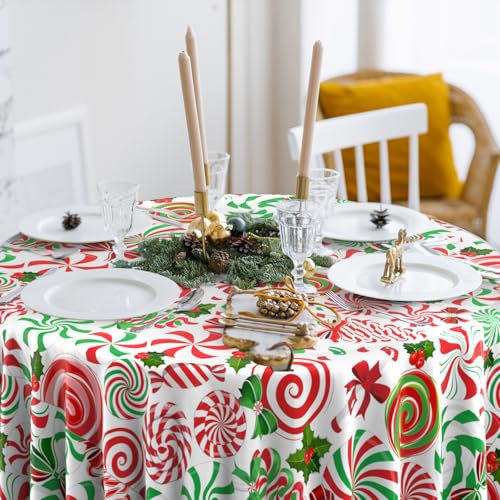 12Pcs Christmas Candy Cane Round Tablecloths - Red & Green 84 Inch Holiday Decor