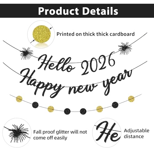 2026 Happy New Year Banner - Black Glitter Party Decoration