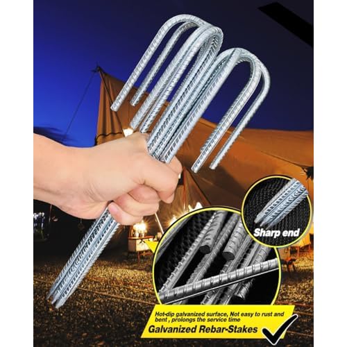 12 Inch Rebar Stakes, 8 Pack Ground Stakes J Hook Tent Stakes Heavy Duty Galvanized Anti-Rust for Camping, Garden Decorations, Drip Tubing, Artificial Turf