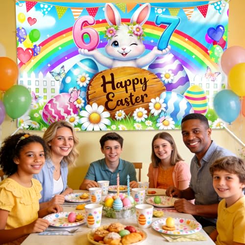 Happy Easter Bunny Backdrop Banner - 72x44in Spring Party Decor
