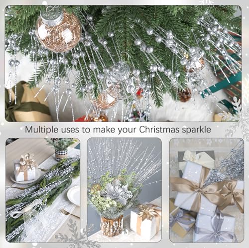 Silver Artificial Glitter Berry Stem Ornaments 15 Inch Christmas Tree Picks - 10 Pack