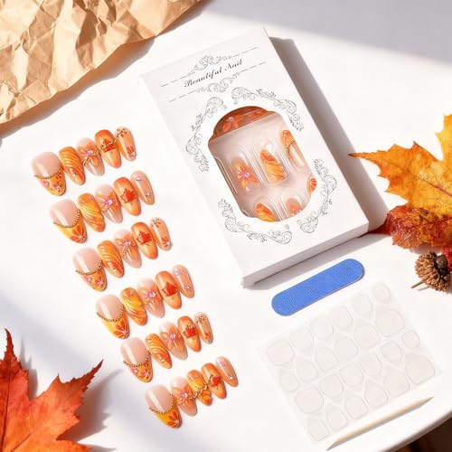 Fall Press on Nails Medium Almond French Tip 3D Flower Fake Nails