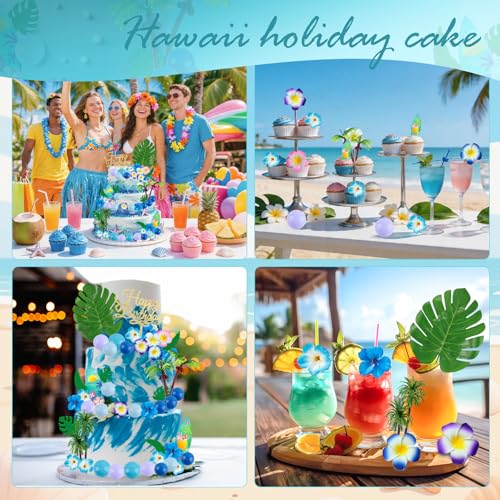 45 Pcs Blue Hawaiian Cake Topper Set with Palm Trees & Surfboards