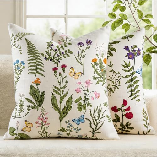 Spring Floral Pillow Covers 18x18 Pack of 2 Sage Green Farmhouse Decor