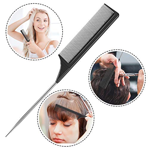Leinuosen 2 Pcs Rat Tail Combs Carbon Fiber Metal Pin Teasing Hair