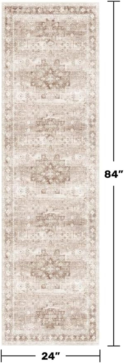 Hazo Haus Boho Runner Rug - 2x7 Long Neutral Farmhouse Design | Vintage Floral, Non-Slip, Washable, Latte Beige
