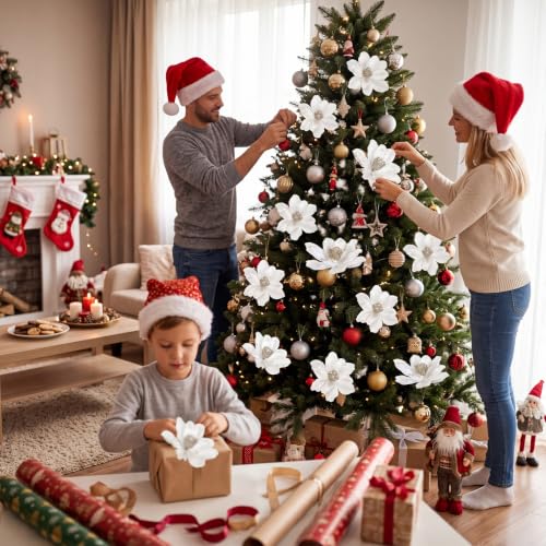 White Glitter Magnolia Artificial Flowers for Christmas Tree - 10 Pieces