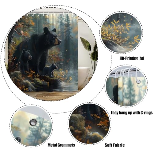 Rustic Black Bear Shower Curtain 70x70 Inches with Hooks