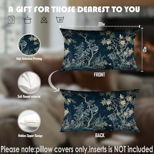 Navy Blue Chinoiserie Floral Bird Flannel Pillow Cover, 12x20 Inch