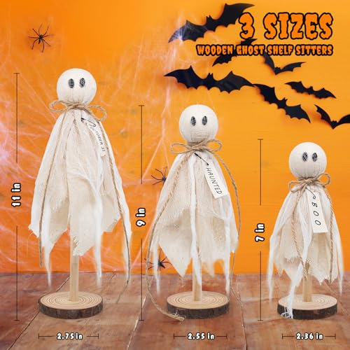 White Wooden Ghost Halloween Decorations - Set of 3 Rustic Shelf Sitters