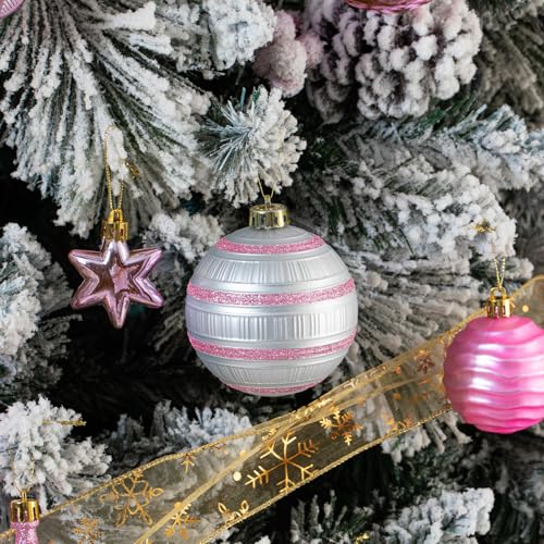 Pink and Silver Christmas Balls Ornament Set - 100 Shatterproof Plastic Decor with Tree Topper & Snowflakes