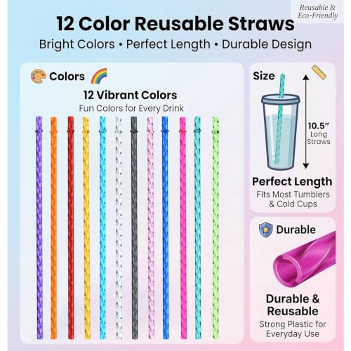 Haundry 24 Pack 11" Reusable Swirl Straws - Colorful PETG Replacement Straws