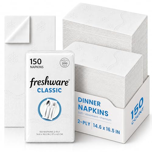 Freshware 150 Count 2-Ply Disposable Dinner Napkins, Soft & Absorbent, 16.5 x 14.6 Inch, White