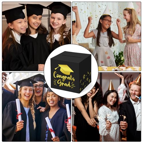 Graduation Card Box 9.1" - Black Gold Money Holder for Class of 2026