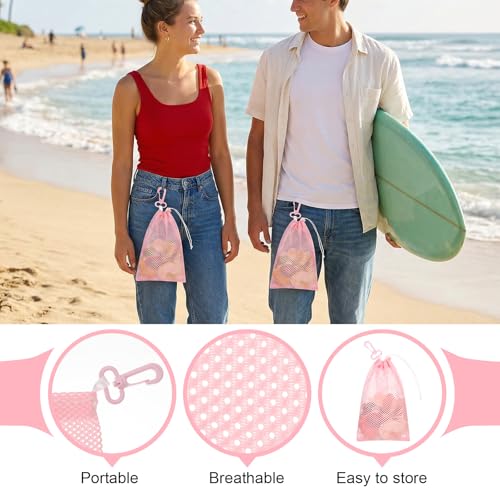 Amabro Pink Mesh Beach Bag - 2 Pcs Foldable Shell Collecting Bags