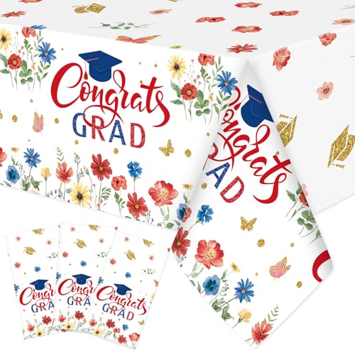 Ganeen 3-Piece Graduation Tablecloth Set | Class of 2026 Floral Design, 54x108 Inch