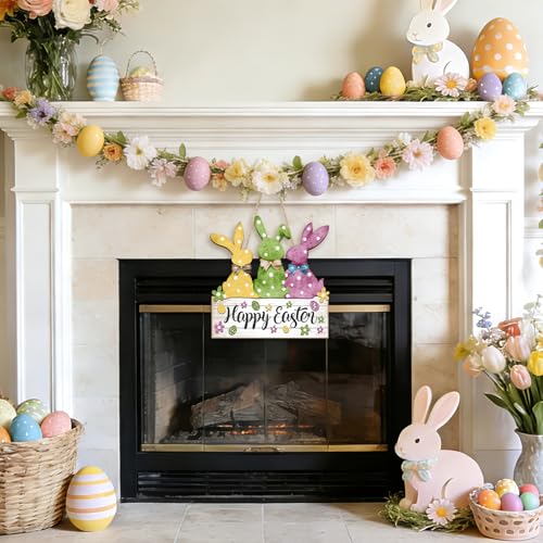 Wooden Easter Bunny Door Sign for Front Door Wall Hanging Decor 11.2x11.8