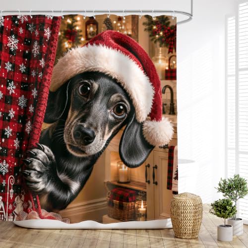 Christmas Dachshund Shower Curtain - Cute Holiday Bathroom Decor, 60"W x 72"L (Pack of 1) - Red & Green Festive Design