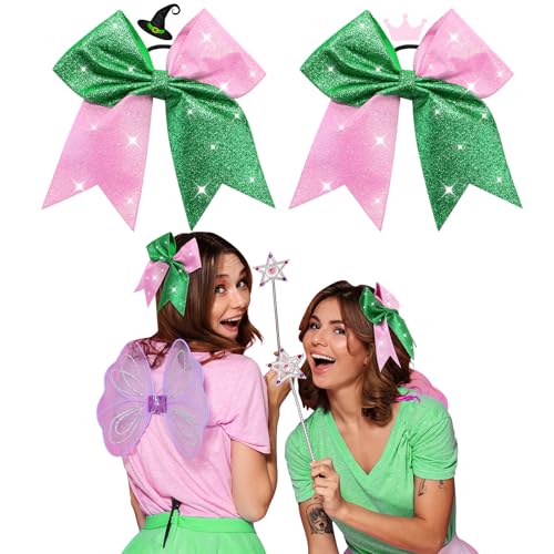 Landical 7 Inch Glitter Witch Hair Bows Pink and Green Ponytail Holder