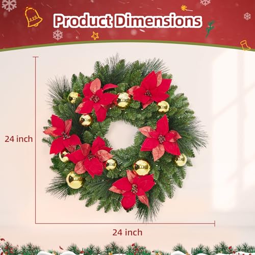 Pre-Lit Christmas Wreath 24 Inch Red and Gold Indoor Outdoor Decor with Lights
