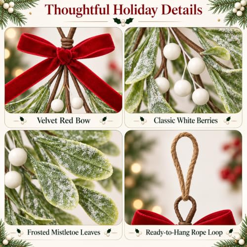 Christmas Mistletoe Decorations with Velvet Bow & White Berries - 2PCS Classic Variation