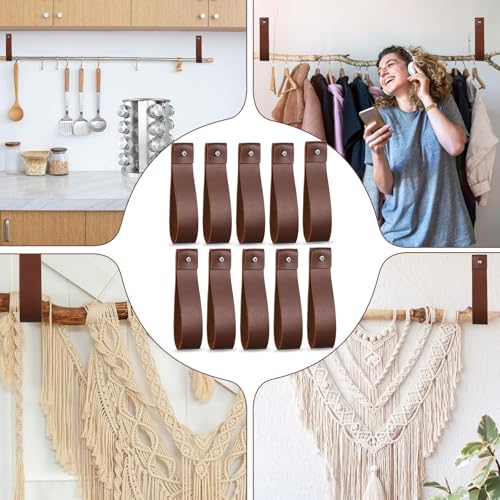 10pcs Brown PU Leather Hanging Straps Wall Hooks for Towels & Curtains