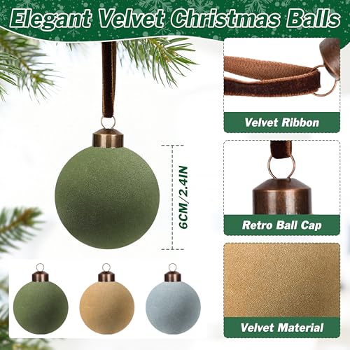Velvet Christmas Balls Set - 30 Pcs 2.4 Inch Shatterproof Holiday Ornaments in Green Khaki Dusty Blue