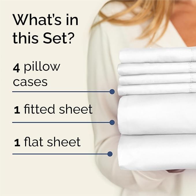 Queen 6 Piece Sheet Set - Comfy Cooling Luxury Bedding - 1 Flat, 1 Fitted Sheet & 4 Pillowcases - Wrinkle-Free White