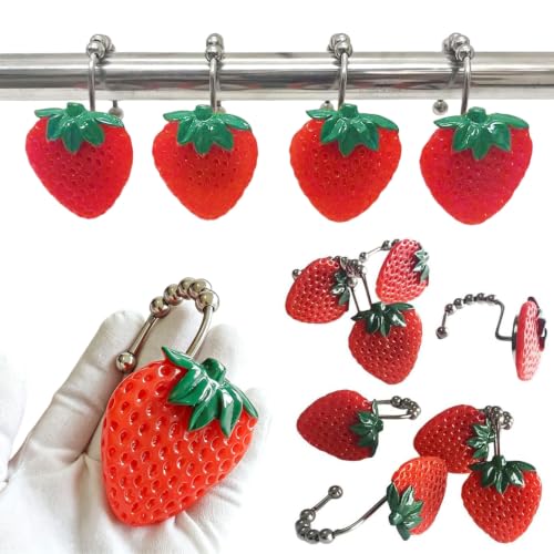 Rustproof Strawberry Shower Curtain Hooks Set of 12 - Cute Kids Bathroom Decor