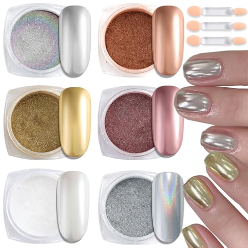 FSpronail Chrome Nail Powder Set 6-Color Metallic Mirror Glitter Pigment Kit with Brushes