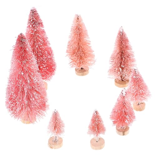 Mini Christmas Tree Set - 8 Pink Bottle Brush Trees with Snow & Wooden Base