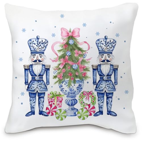 Nutcracker Pink Bows Christmas Pillow Cover 18x18 - Coquette Bows Tree Throw Pillowcase, Chinoiserie Decor, Flannel