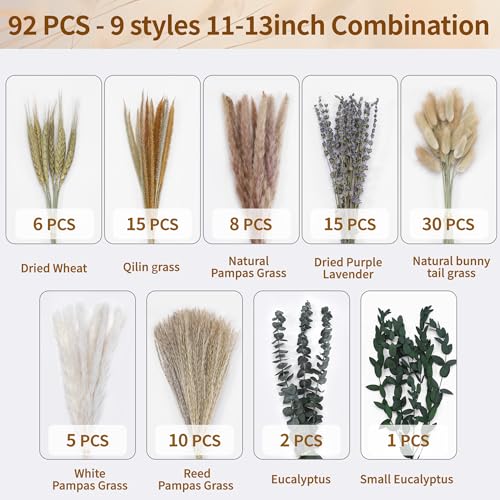 Bpole Dried Pampas Grass Bouquet - 92 Pcs (11-13 Inch) - 9 Styles