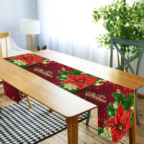 Double-Sided Christmas Poinsettia Flowers Snowflakes Table Runner 14x108 Inches - Holiday Decor