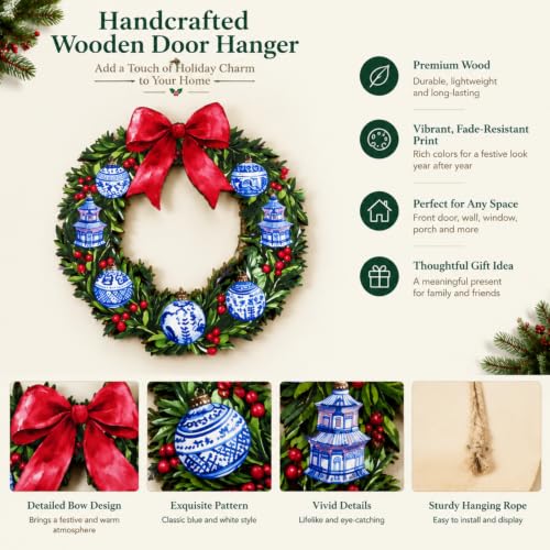 Chinoiserie Bead Christmas Wreath Door Hanger - Blue & White Wooden Sign - 11.8 Inches