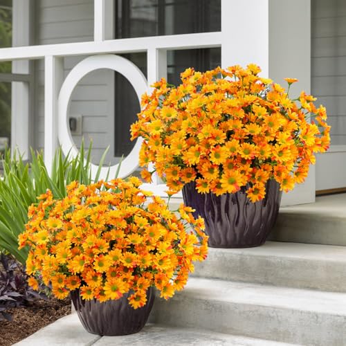 FOUSUKA 16 Bundles Orange Silk Daisy Artificial Flowers Outdoor UV Resistant Plant Decor