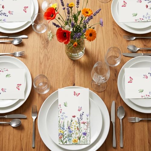 50 Floral Paper Napkins with Wildflower & Butterfly Design