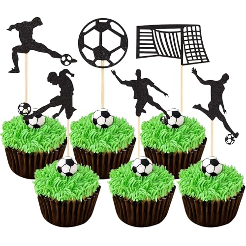 Soccer Cupcake Toppers - 12 Pcs Black Glitter Birthday Party Decor