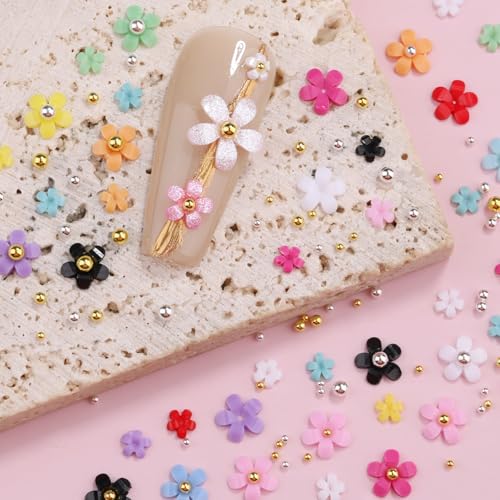 3D Acrylic Flower Nail Art Charms with Rhinestones Pearls and Caviar Beads