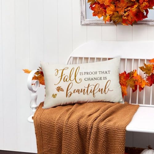 RABUSOFA Fall Pillow Cover 12x20 Inch, Beige Linen Autumn Farmhouse Decor