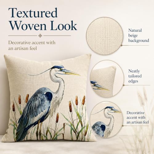 Watercolor Heron Throw Pillow Cover 18" x 18" - Blue Heron Design
