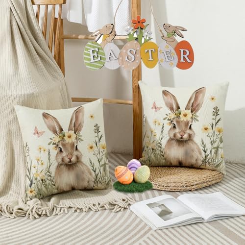 Yellow Easter Pillow Covers Set of 2 18x18 Inches Bunny Spring Decor for Couch & Bed